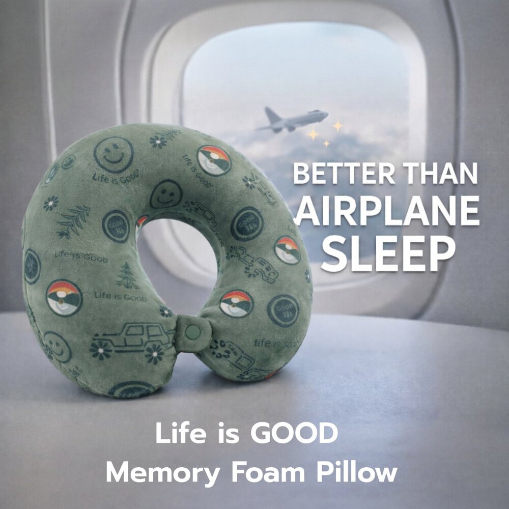 Life Is Good Memory Foam Travel Neck Pillow Green Smiley Snap Washable Cover